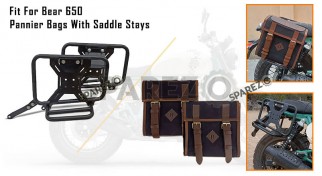 For Royal Enfield Bear 650 Canvas and Leather Pannier Bags Black With Saddle Stays
